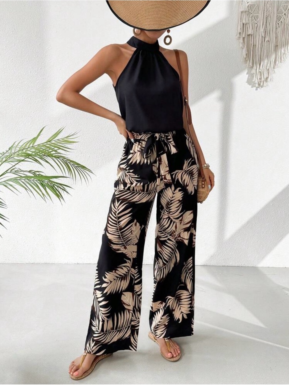 Women’s Black Wide-Leg Tropical Print Pants - Neutral Leaf Pattern - Picture 2 of 4